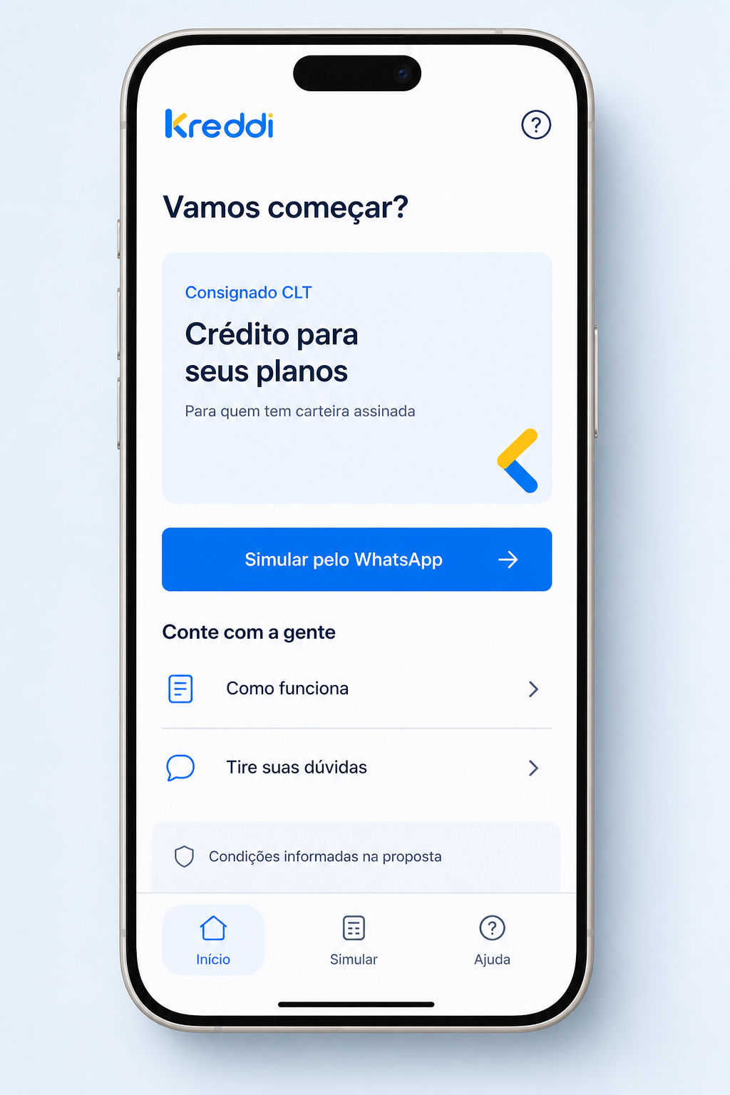 Conceito da interface clara da Kreddi, com simulação pelo WhatsApp e atendimento